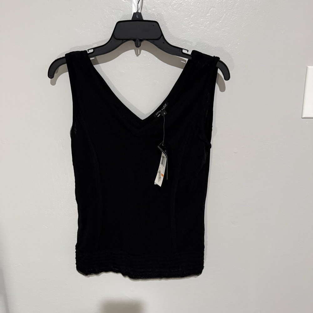 Anne Klein Women Black V Neck Sleeveless Top Tiered Hem Blouse S NEW